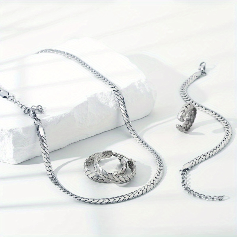 925 Silver Flat Chain Jewelry Set 4pcs